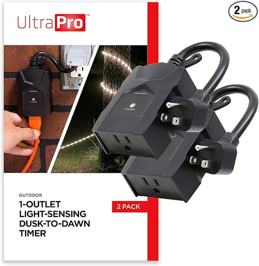 UltraPro Outdoor Dusk to Dawn Outlet Timer, Weather‑Resistant Light Sensor Plug, Single Outlet Automatic Lighting Control, Seasonal & Landscape Lights, 2 Pack, Black, 71069