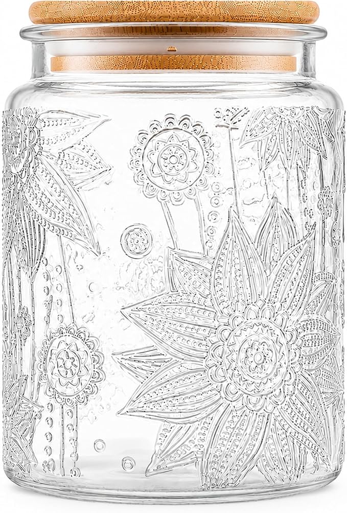 Vintage Glass Jars With Lids, 23.7oz Airtight Food Storage Containers,Kitchen Canisters For Sugar, Coffee, Tea, Spice, Flour, Candy Cookie, Pasta, Cereal, Cute Decorative Jars(Sunflower*1)