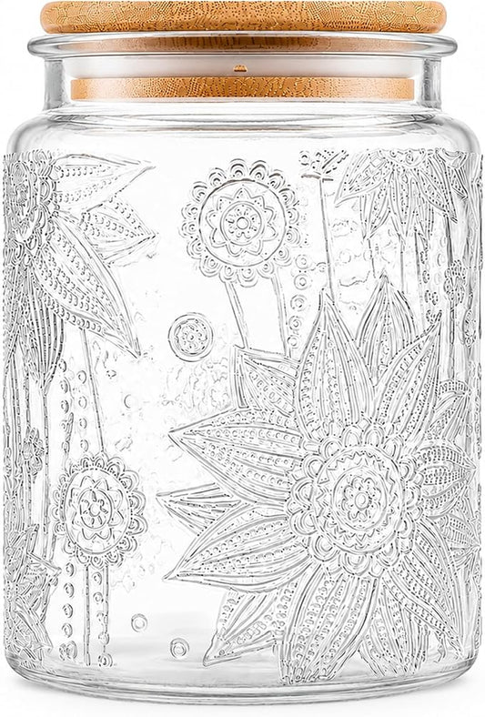 Vintage Glass Jars With Lids, 23.7oz Airtight Food Storage Containers,Kitchen Canisters For Sugar, Coffee, Tea, Spice, Flour, Candy Cookie, Pasta, Cereal, Cute Decorative Jars(Sunflower*1)