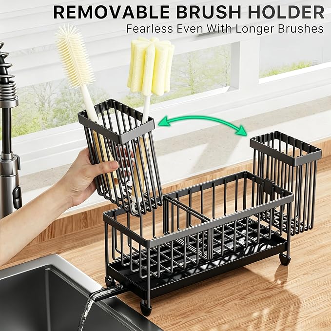 Cisily Sponge Holder for Kitchen Sink, Sink Caddy Organizer with High Brush Holder, Kitchen Countertop Organizers and Storage Essentials, Rustproof 304 Stainless Steel (Dark Grey, 9.25″)