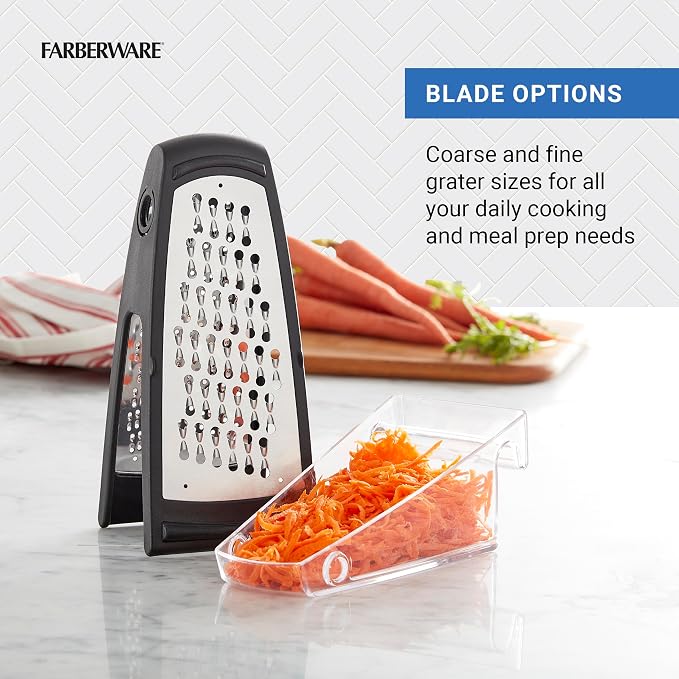 Farberware Professional Box Grater with Container, Stainless Steel Coarse and Fine Blades, Nonslip Base, Easy-Grip Handle, Dishwasher Safe - Cheese, Vegetable, Chocolate Grater with Catch Tray