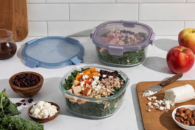 Ello Color Lock 7 Cup Glass Meal Prep Containers & Lids, 2 Pack, Slate/Wisteria