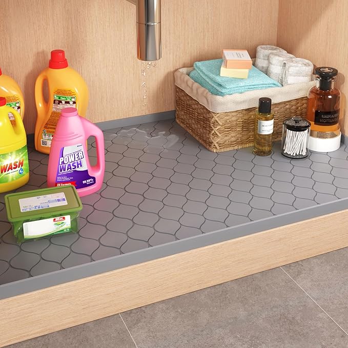 Winisok Waterproof Under Sink Mat 34" x 22", Silicone Mat, Light Gray | Raised Edge Traps Spills & Leaks, Shelf Liner, Cabinet Protector, for Kitchen, Bathroom, Boots, Pets, Home Essentials