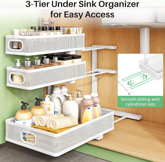 Kitstorack Under Sink Organizer, 2-Pack 3-Tier Height Adjustable Thickened Metal Pull out Cabinet Organizer Shelf, Slide out Storage Drawer Rack for Bathroom Kitchen Pantry Home Laundry Organization