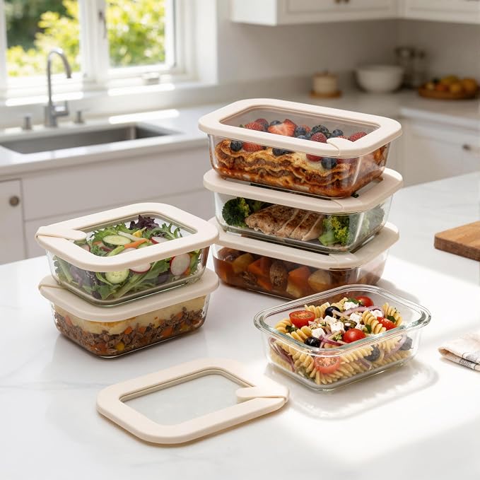 Glass Food Storage Containers with Glass Lids, Microwave Safe Food Container Set, Aitight Meal Prep Container Set, LeakProof, 100% Plastic Free, 6 Pack