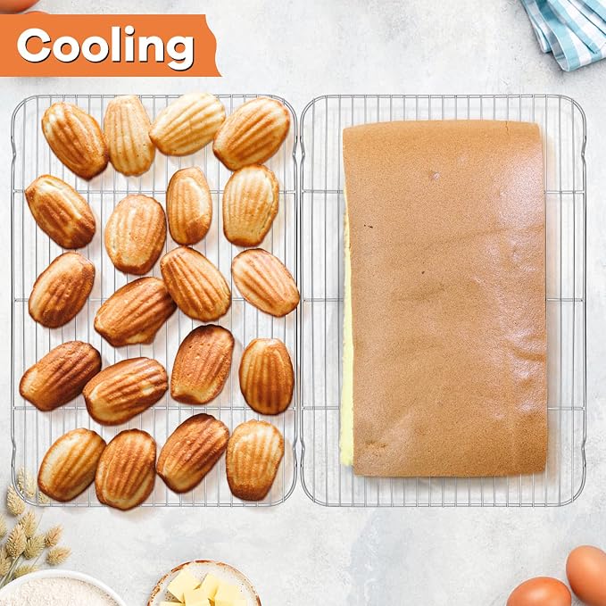 P&P CHEF Cooling Baking Rack Pack of 2, 16.6" x 11.5", Stainless Steel Cooling Racks for Cooking Baking Roasting Grilling Drying, Dense Wires & Smooth Edge, Easy to Clean, Silver