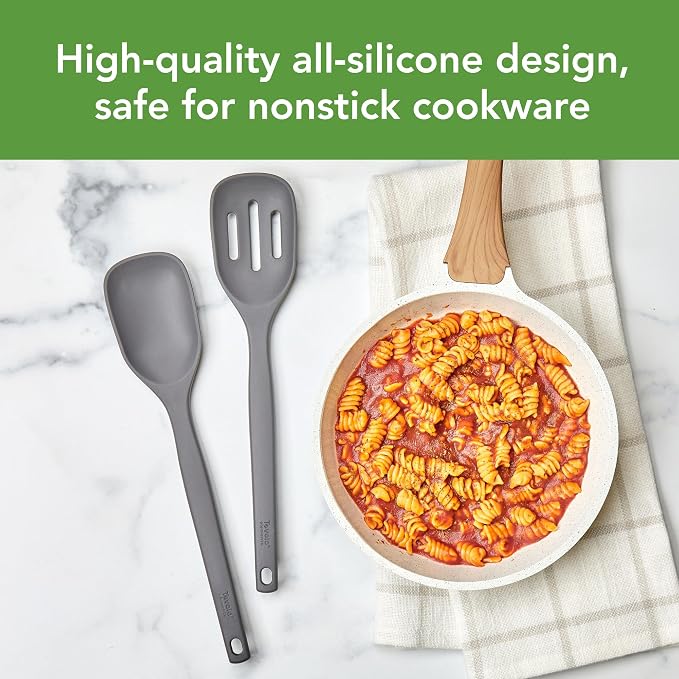 Tovolo Elements Silicone Spoon Set of 2 Mixing and Slotted Spoon Bundle for Non Stick Cooking Mixing Serving, Dishwasher Safe Heat Resistant Slotted Spoon and Mixing Serving Spoon, Charcoal Gray