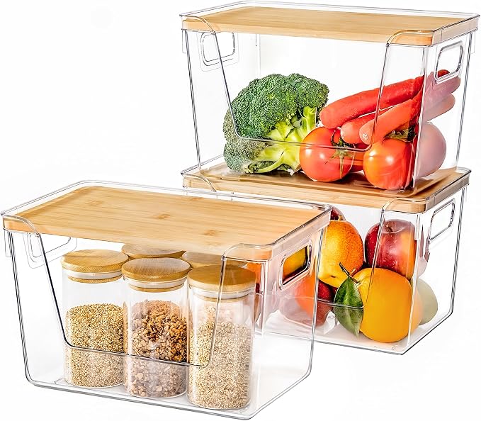 3 Set Pantry Organizers and Storage with Bamboo Lids, Stackable Clear Bins for Onion, Potato, Fruit, Vegetables, Trash Bag Dispenser, Kitchen and Under Sink Organizer