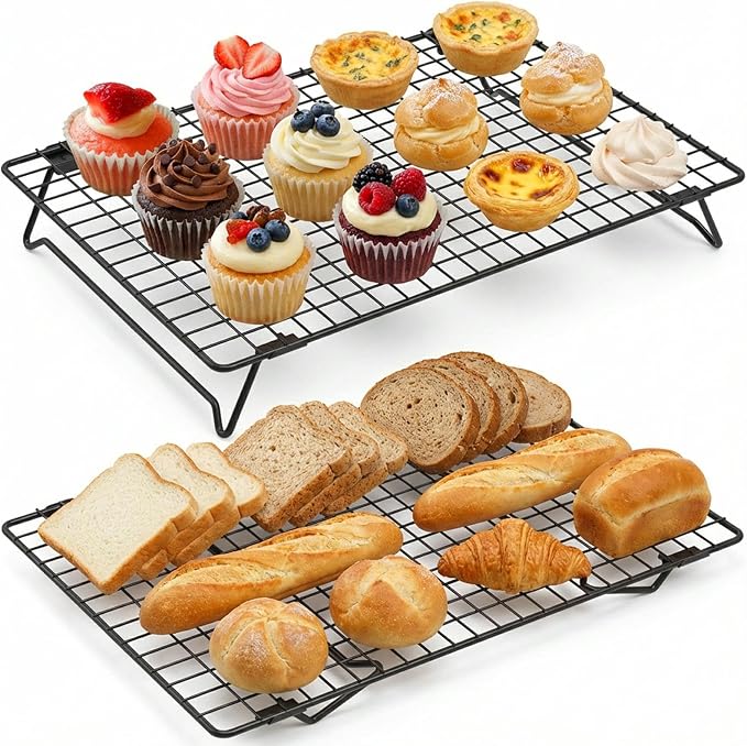 13.4" × 9.4" Stackable Cupcakes Cooling Racks – 2-Pack Nonstick Carbon Steel Baking Racks with Collapsible Legs, Cooking Rack Perfect for Cooking, Roasting, Grilling, Drying & Cooling Cookies