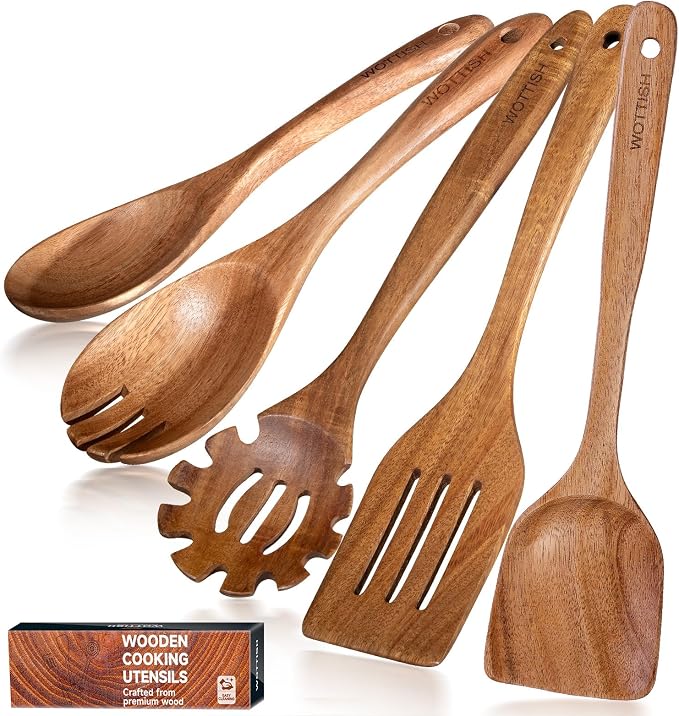 Wooden Kitchen Utensil Set - Natural Solid Wood Spoons, Non-Toxic, Heat Resistant, Non-Scratch and Easy to Clean (A05)