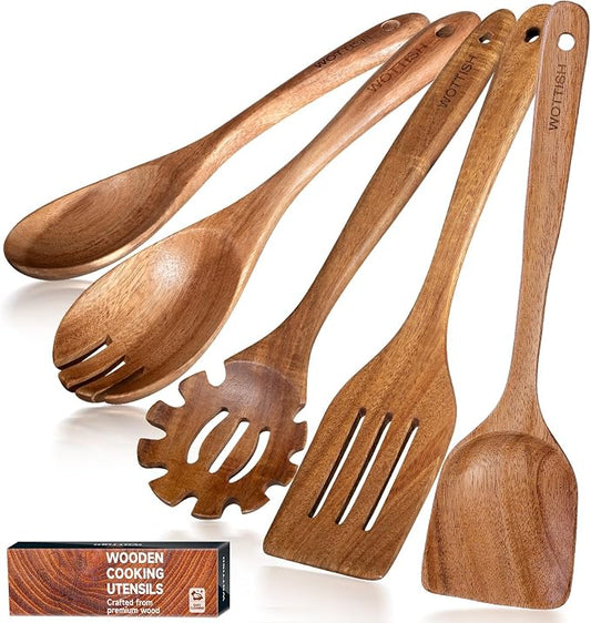 Wooden Kitchen Utensil Set - Natural Solid Wood Spoons, Non-Toxic, Heat Resistant, Non-Scratch and Easy to Clean (A05)