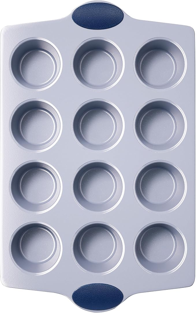 BRONYPRO 12-Cup Non Toxic Nonstick Ceramic Muffin Pan & Cupcake Tin, PFOA & PFOA Free, Heavy Duty Rust-Resistant Aluminized Steel, Oven Safe, Blue