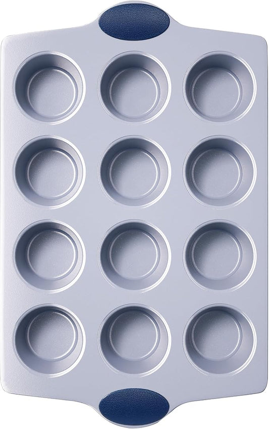 BRONYPRO 12-Cup Non Toxic Nonstick Ceramic Muffin Pan & Cupcake Tin, PFOA & PFOA Free, Heavy Duty Rust-Resistant Aluminized Steel, Oven Safe, Blue