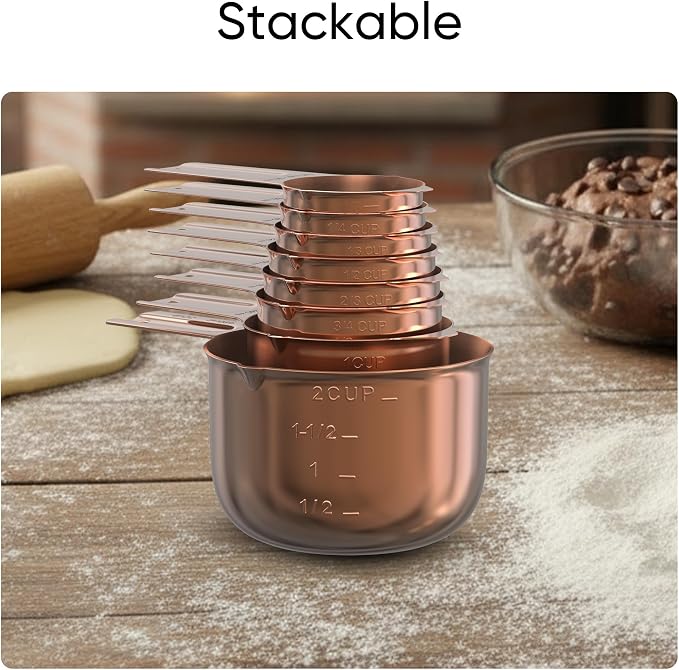 Color Up Measuring Cup Set, 8 Piece – Includes 2 Cup, Copper Finish, Stainless Steel, Accurate for Wet & Dry Ingredients, Embossed Markings, Easy-Pour Spouts, Dishwasher-Safe, Kitchen Essential