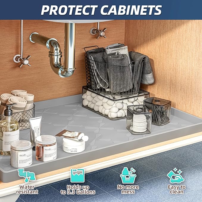 Waterproof Under Sink Mat Silicone 22"x19", Kitchen Cabinet Liner | BPA Free Home Organizer and Storage, Thick Raised Edge Cabinet Protector, Non-Slip Dog & Cat Mat, Dish Drying Mat