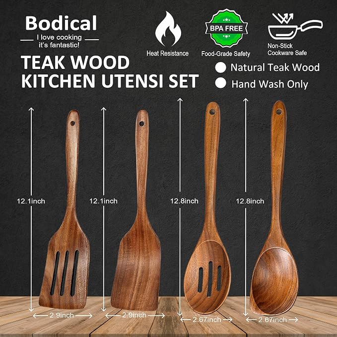 Wooden Spoons for Cooking, 4 Piece Teak Cooking Utensils Set | Natural Premium Teak, Large Kitchen Wooden Spoons, Cooking Gifts