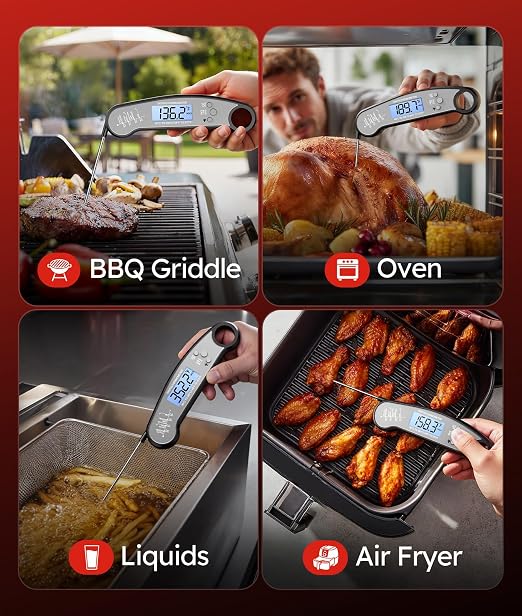 Meat Thermometer Digital – Instant Read Food Thermometer for Grilling, BBQ, Air Fryer, Smoker, Candy Making, Kitchen Gadgets, BBQ Essentials, Gift for Dad, Men, Black & Grey