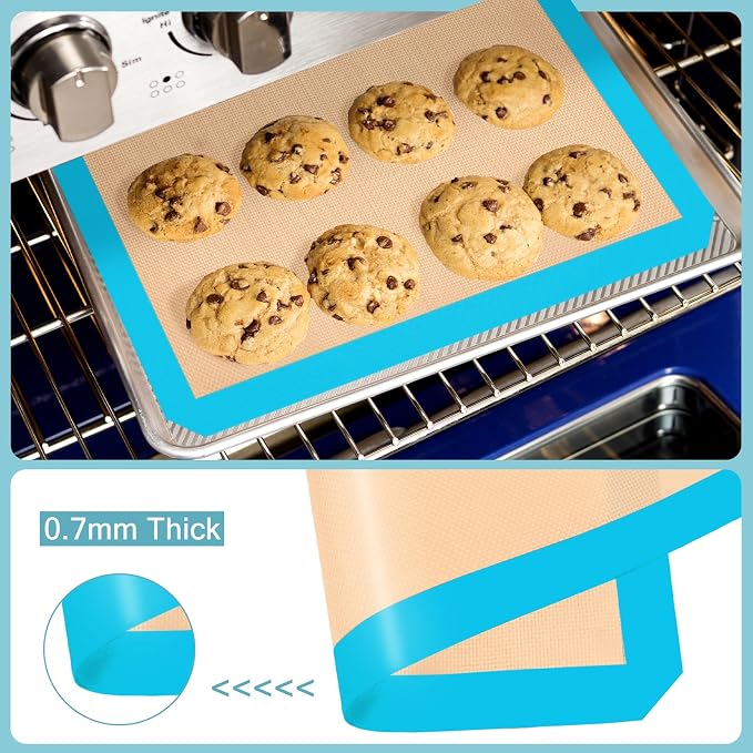 Silicone Baking Mat Set of 3, Non-Stick 2 Half & 1 Quarter Sheets | Dishwasher Safe, Reusable Baking Supplies for Cookies, Bread, Pastries & Dough, Mint Blue