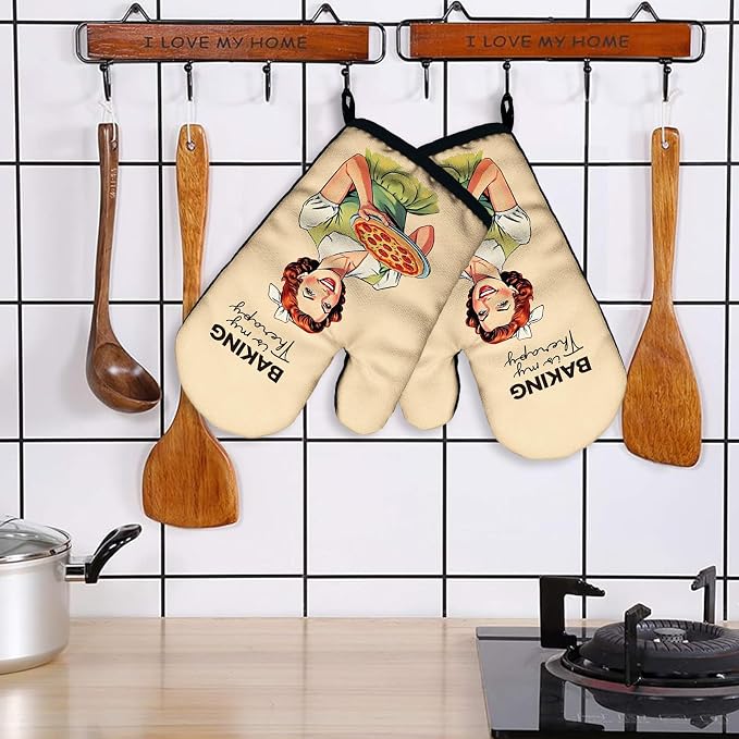 Baking is My Therapy, Funny Silicone Non-Slip Oven Mitts Sets of 2, Retro Baking Mitts, Kitchen Gift for Women, Bake Lover Gift, Housewarming Gifts