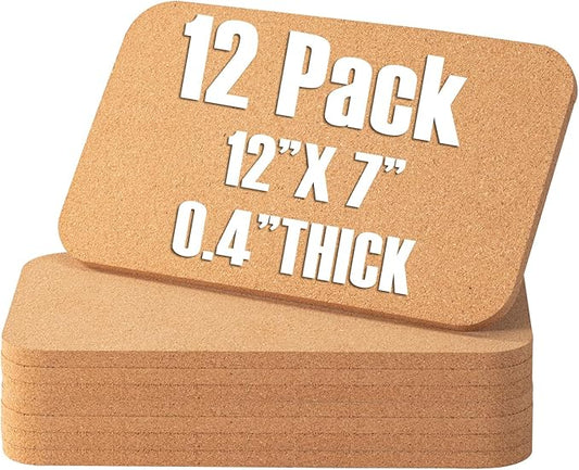 Rectangle Cork Trivets Set - 12 Pack, 12" x 7" x 0.4" Thick, Heat-Resistant Cork Hot Pads for Countertop, Table, and Kitchen, Perfect for Hot Pots and Pans