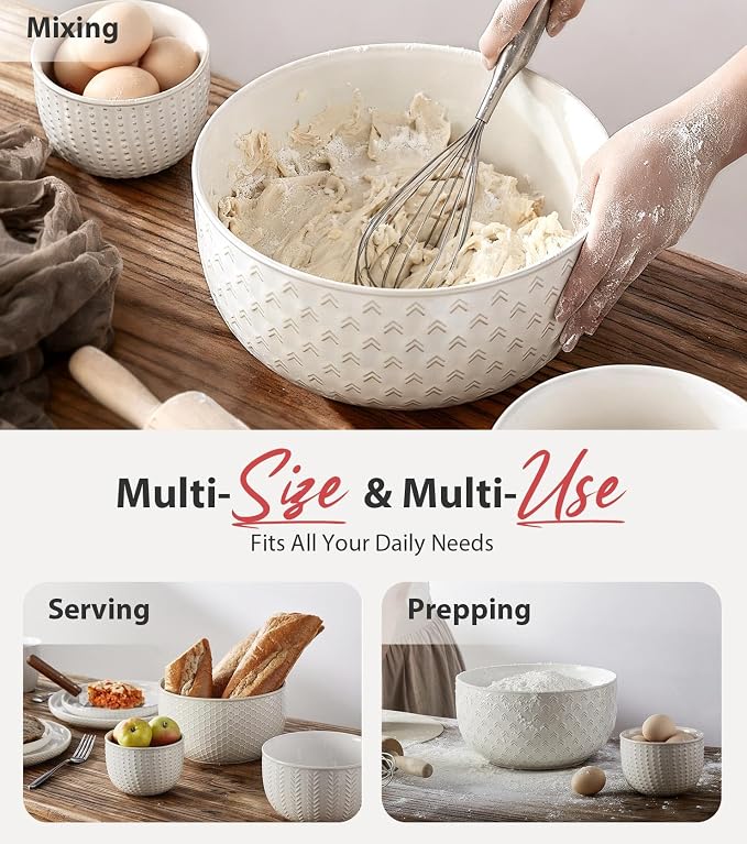 Lareina Ceramic Large Mixing Bowls Set of 4, 20/44/98/145 OZ, Ivory White | Nesting Bowls for Cooking, Baking, Salad Etc, Serving Bowls Gift, Kitchen Stoneware, Oven, Microwave and Dishwasher Safe