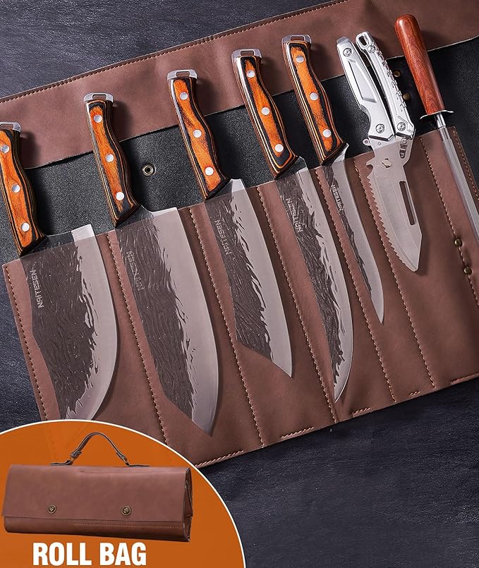 Naitesen 7PCS Butcher Knife and Kitchen Knife with Roll Bag | Hand Forged Heavy Duty Meat Cleaver Serbian Chef Knife Breaking Knife Boning Knife for Meat Cutting BBQ Gifts for Men Women