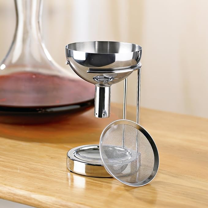 Wine Enthusiast Aerating Funnel w/Removable Screen & Stand – Premium Stainless Steel Wine Filter for Mess Free Pouring