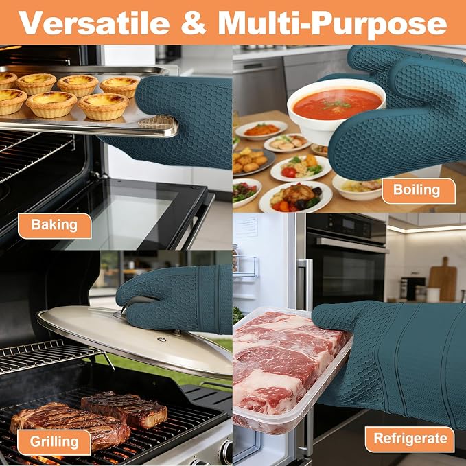 YUTAT Silicone Oven Mitts,Heat Resistant 500F Kitchen Mitts 2PCS,Waterproof Cooking Gloves with Soft Polyester Filling for Kitchen Cooking Baking BBQ - Agave