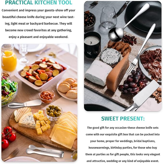 Patelai Charcuterie Board Accessories Cheese Spreader Knife Set Charcuterie Utensils Butter Knife Stainless Steel Mini Serving Tongs Spoons Appetizer Forks for Pastry(Silver,18 Pieces)