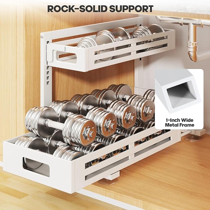 2 Pack 21IN-Depth Under Sink Organizer,Pull Out Cabinet Organizer With Smooth Cylindrical Rail,Metal Slide Out Drawer for Kitchen Bathroom Laundry,8-Level Tool Free Height Adjustable-White