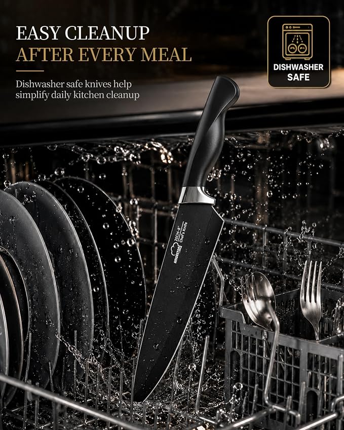 Amorston Knife Set, 15 Piece Kitchen Knife Set with Block and Built in Sharpener, German Stainless Steel Dishwasher Safe Knife Block Set, Black Kitchen Knives Set for Home Cooking