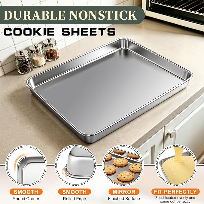 Stainless Steel Baking Sheet Tray Cooling Rack with Silicone Baking Mat Set, 16 x 12 x 1 Inch Cookie Sheet Pan with Wire Rack Set, Set of 6 (2 Sheets + 2 Racks + 2 Mats), Heavy Duty & Rust Proof