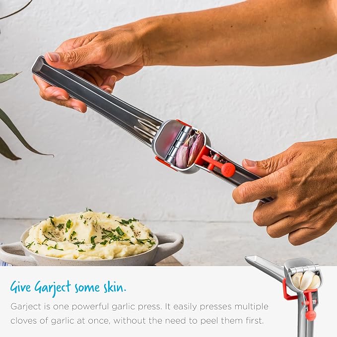 Dreamfarm Garject 2-In-1 Garlic Peeler, Garlic Press & Mincer with Garlic Peel Ejector, Chrome-Plated Zinc - Red | No-peel mincer with skin eject button, crushes up to 3 cloves, dishwasher safe, durable chrome-plated zinc
