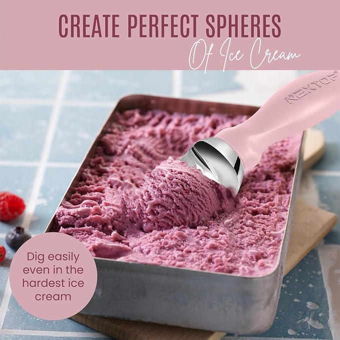 Nextop Ice Cream Scoop with Comfortable Handle - Ergonomic Spoon, Durable Perfect Metal Round Round Scoops Ideal for Ice Cream, Sorbet, Gelato Perfect for Home Use, Kitchen Essential. (Pink)