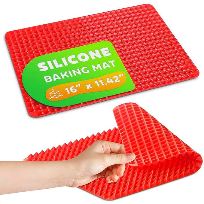 Silicone Baking Mat with Red Pyramid Fat-Draining Design — Non Stick Baking Mat 16 x 11.5" for Oven, Bacon, Roasting Meats, BBQ and Pastry — Food-Grade, Flexible and Dishwasher-Safe Reusable Pan Liner