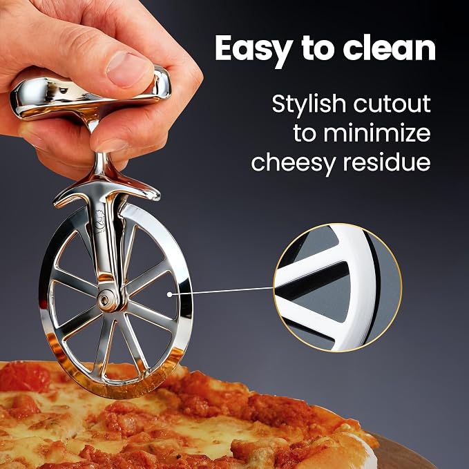 Unicycle Pizza Cutter Wheel, Durable Premium Stainless Steel One-Piece Sharp Blade, Mirror Polished No-Wobble Design, Ergonomic Non-Slip Handle, Easy to Clean Kitchen Gadgets, 5-Year Warranty