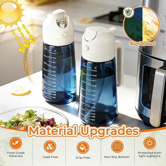 Glass Olive Oil Sprayer for Cooking (16oz/470ml), 2 in 1 Olive Oil Dispenser Bottle for Kitchen Gadgets and Air Fryer Accessories, Salad, BBQ - 1-Pack, Blue White