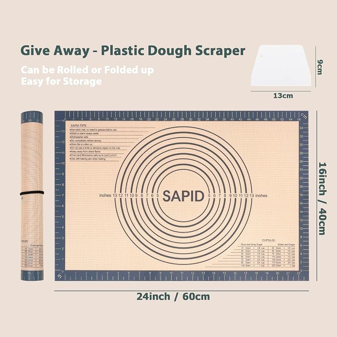 Non Slip Silicone Pastry Mat Large Non-stick Baking Mat for Dough Rolling | With Measurements for Pie Crust, Pastry Roll Out, Cookies, Bread and Silicon Kneading Mat (16" x 24", Gray)