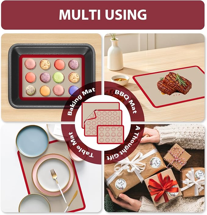 Macaron Silicone Baking Mats, Nonstick & Reusable, 3 PCS | 2 Half Sheets and 1 Quarter Sheet Mat, Easy to Clean, Silicone Macaroon Mat for Cookie, Red