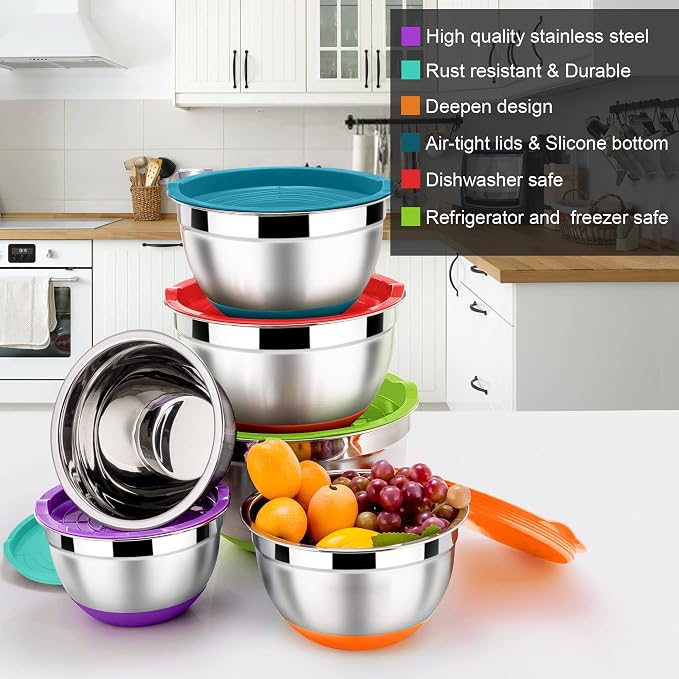 LIANYU Nesting Mixing Bowls Set of 6, Large Size 7, 3.5, 2.5, 2, 1.5, 1QT | Stainless Steel Metal Bowls with Airtight Lids, for Baking Cooking Food Storage, Non-slip Bottom, Colorful