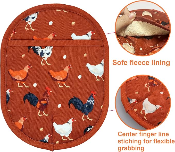 Pot Holders Set of 2 with Transparent Clear Silicone Shell and Nice Dog Flower Cotton Lining, Heat Resistant to 500 F Kitchen Oven Gloves Pot Holder for Cooking (Rooster, Potholders)