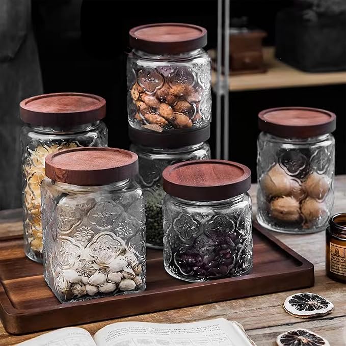 Glass Storage Jars With Airtight Lid, 23.7oz Container For Kitchen Counter with Wooden Lid, brown sugar, candy, coffee, cookie, salt, tea, cute Jar (35oz Large Begonia Flowers)