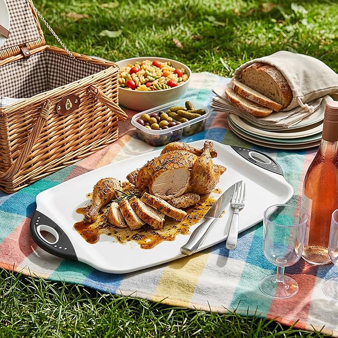 Dexas Chop & Serve Cutting Board, 12.5 x 20 Inch, Large Kitchen Prep and Serving Board with Handles, BPA-Free Dishwasher Safe, White and Black