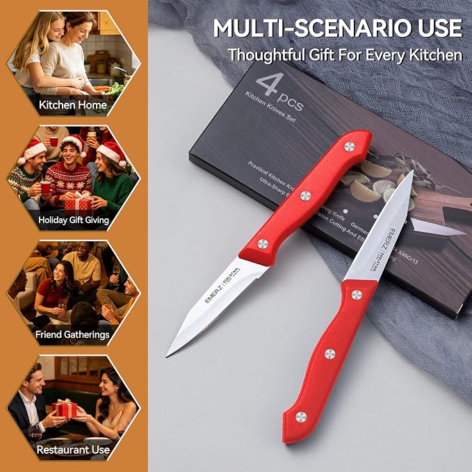 Paring Knife Set of 4, Stainless Steel Paring Knives,3.5inch,Ergonomic PP Triple Rivet Handle,Sharp Small Cutting Knife for Peeling Coring Cutting,Red Pairing Knives for Fruit