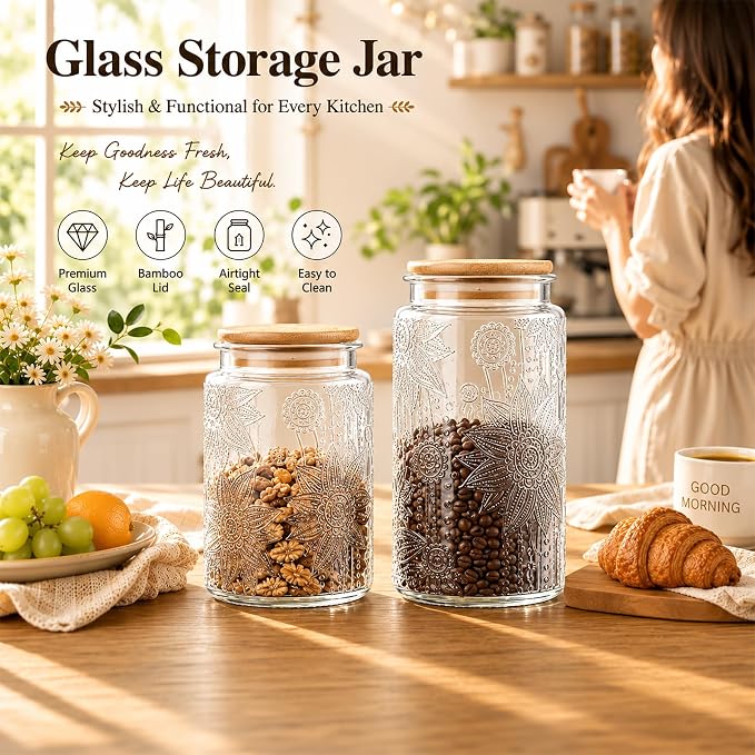Vintage Glass Jars With Lids, 23.7oz Airtight Food Storage Containers,Kitchen Canisters For Sugar, Coffee, Tea, Spice, Flour, Candy Cookie, Pasta, Cereal, Cute Decorative Jars(Sunflower*1)