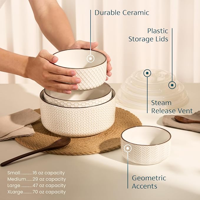 KooK Serving Bowls, with Lids, Ceramic Nesting Bowls, Set of 4, Embossed, Kitchen, Prep, Stackable, Gift, Microwave and Dishwasher Safe, 16/29/47/70 oz, Narbonne Collection (Ivory)
