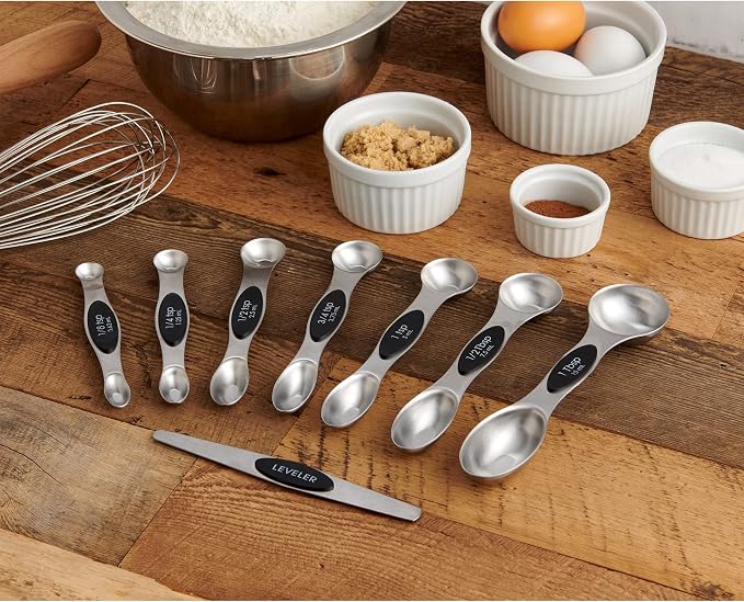 Mrs. Anderson’s Baking Dual-Sided Magnetic Measuring Spoons and Leveler, Heavyweight Stainless Steel, 8-Piece Set