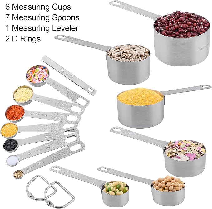 Measuring Cups and Spoons Set of 14, 18/8 Stainless Steel Measuring Cups Spoons Set, 6 Measure Cups and 7 Measure Spoons with Leveler