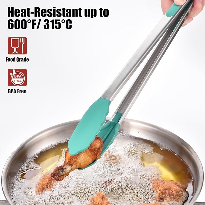 Doosu Kitchen Tongs for Cooking - 600°F Heat Resistant Food Tong with Non-Scratch Silicone Tips, Heavy Duty Stainless Steel Locking Tong for BBQ, Grilling Steak, Serving Salad, Pasta (16in, Aqua Sky)