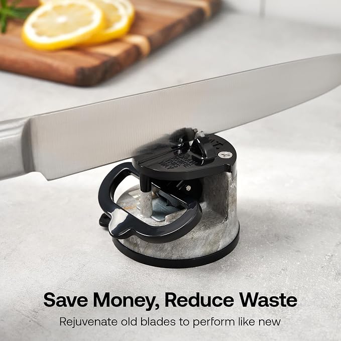 AnySharp – Editions – Hands Free Knife Sharpener - Easy to Use Sharpening Tool with PowerGrip Suction Base and 20-Degree Pre-Set Angle - for All Knives: Chef's, Serrated, and Hardened Steel - Stone